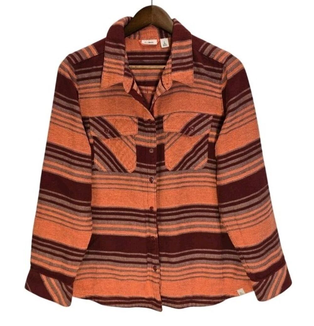 L.L.Bean Women's Large Flannel Shirt Jacket Coral Burgundy Striped Elbow Patch